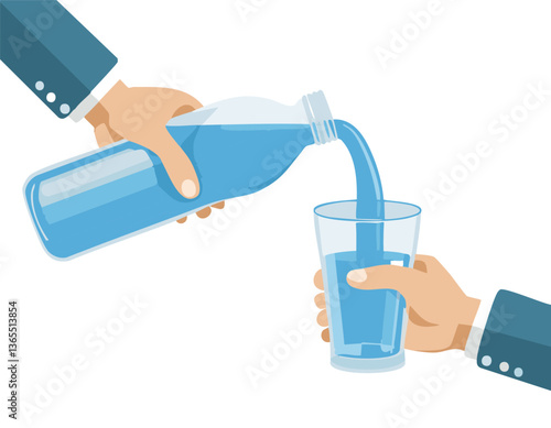 Hand holding and pouring water from bottle to glass on white background