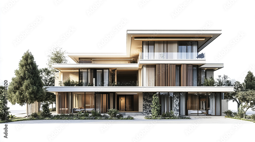 Fototapeta premium Modern residential house with large windows and greenery