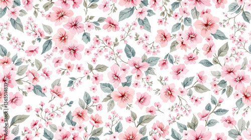 Beautiful seamless pattern with watercolor gentle pink flowers. Stock illustration