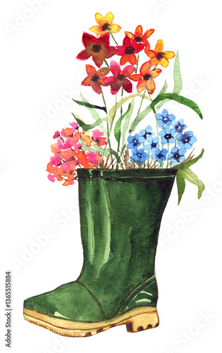 Stivale da giardinaggio con bouquet di  fiori all'interno, illustrazione ad acquerello isolata