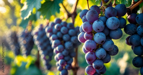 Close-up of blue grapes in a vineyard illuminated by sunlight. Grape cultivation and winemaking design banner.