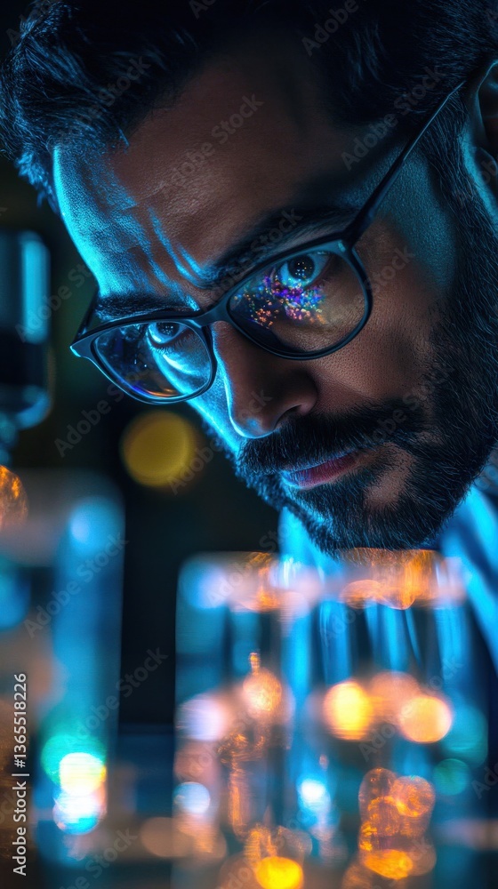 Scientist Observing Through Microscope with Glass Reflection in Laboratory Scientist Observing Through Microscope with Glass Reflection in Laboratory