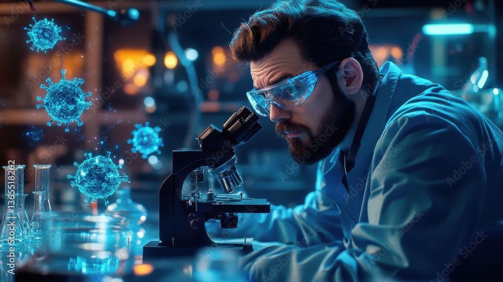 Scientist Analyzing Microscopic Virus Particles in Laboratory Scientist Analyzing Microscopic Virus Particles in Laboratory