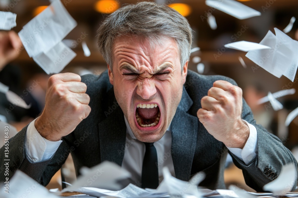 Fototapeta premium Frustrated office worker overwhelmed by stress, throwing papers in the air. Expressive face shows anger and burnout in a chaotic workplace moment of tension.
