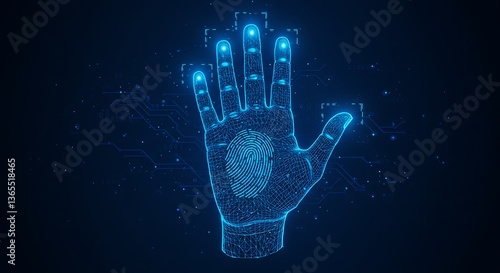 A digital blue hand with a fingerprint scan on a dark background with glowing particles around it