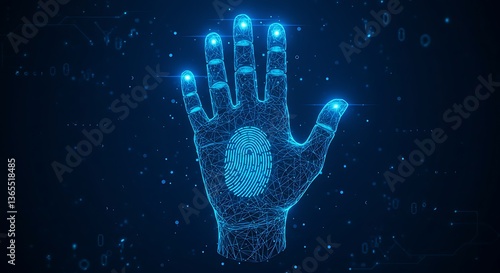 Glowing blue hand with fingerprint on palm against dark digital background with floating particles