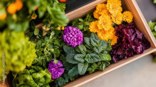 Tiny home or office garden in wooden boxes with bright greens, purple and orange flowers. Own cultivation