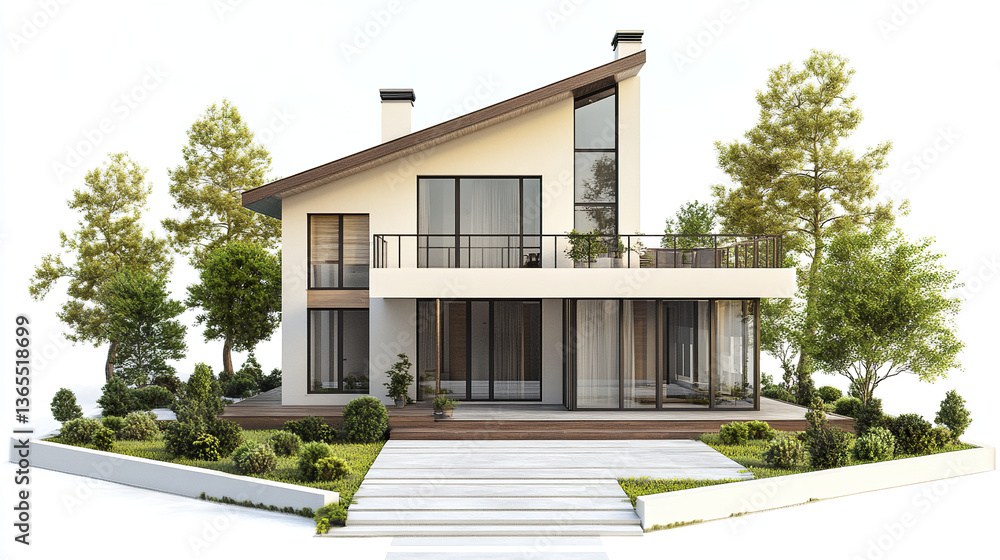 Fototapeta premium Modern residential house with large windows and sloped roof, surrounded by trees