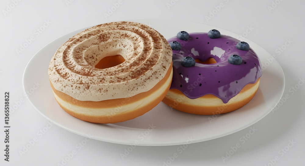 Delicious Tiramisu Donuts and Blueberry Toppings on a White Plate Delicious Tiramisu Donuts and Blueberry Toppings on a White Plate