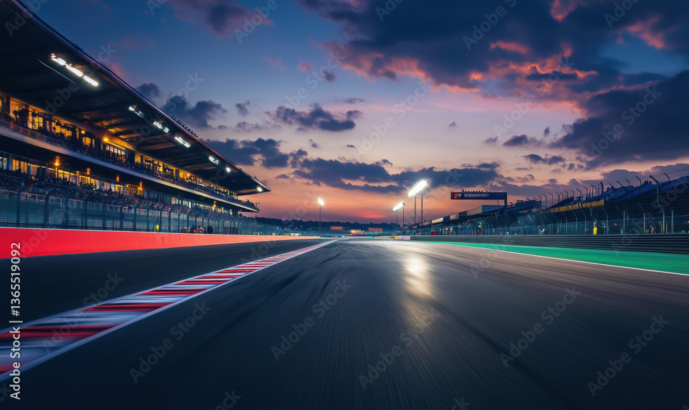 Racetrack at dusk with vibrant sky, illuminated grandstands, and reflective asphalt Racetrack at dusk with vibrant sky, illuminated grandstands, and reflective asphalt