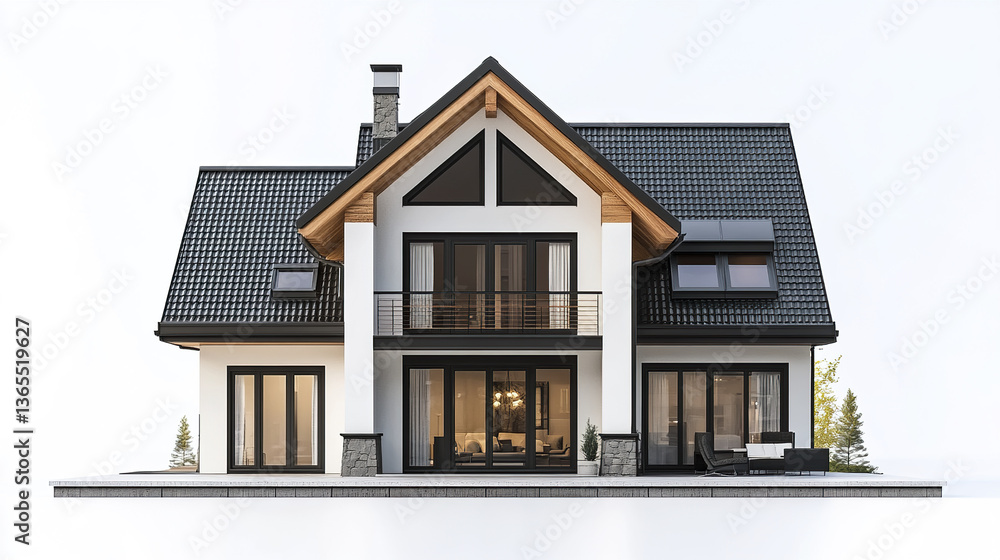 Modern house with large windows and dark roof on white background Modern house with large windows and dark roof on white background