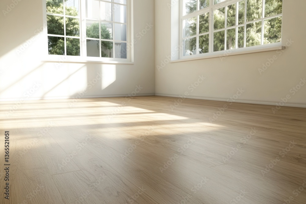 Fototapeta premium Empty room bright hardwood floor large windows