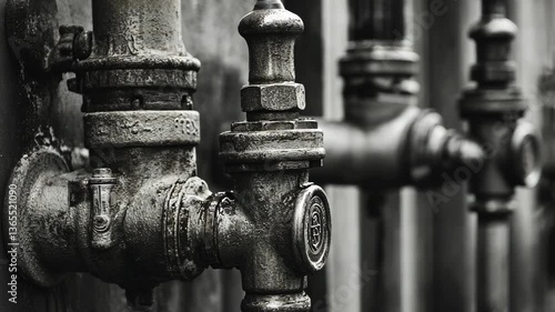 Detailed close-up view of metal pipes and valves in an industrial setting highlighting wear and age