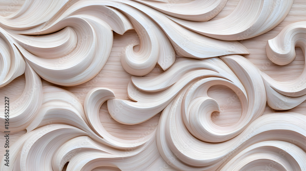 Intricate Carved Wooden Design with Swirling Floral Patterns on Light Beige Background Intricate Carved Wooden Design with Swirling Floral Patterns on Light Beige Background