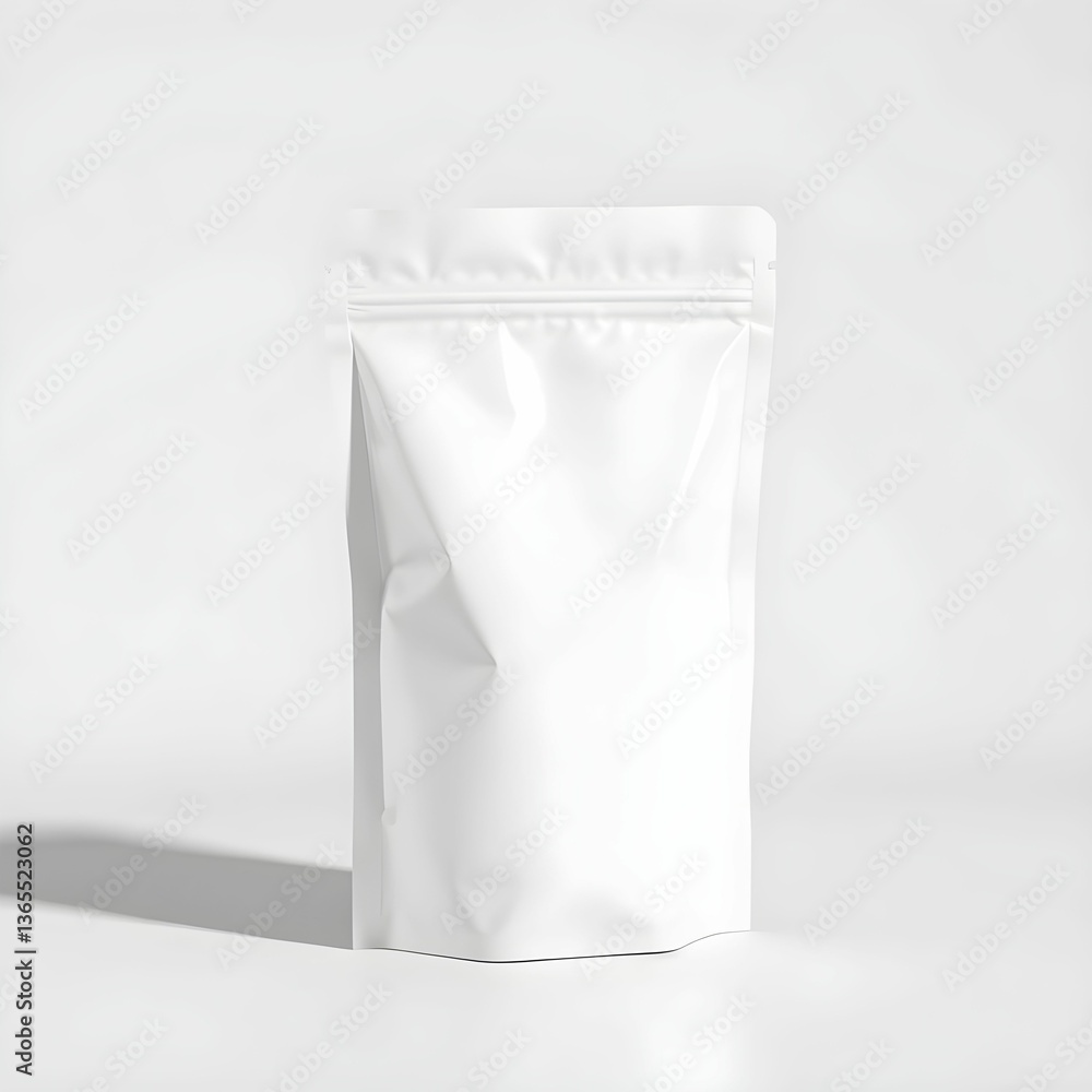 Matte white standing pouch, Resealable zipper bag, Minimalist packaging design, Studio lighting, Soft shadows, Clean background, Product photography, High contrast Matte white standing pouch, Resealable zipper bag, Minimalist packaging design, Studio lighting, Soft shadows, Clean background, Product photography, High contrast