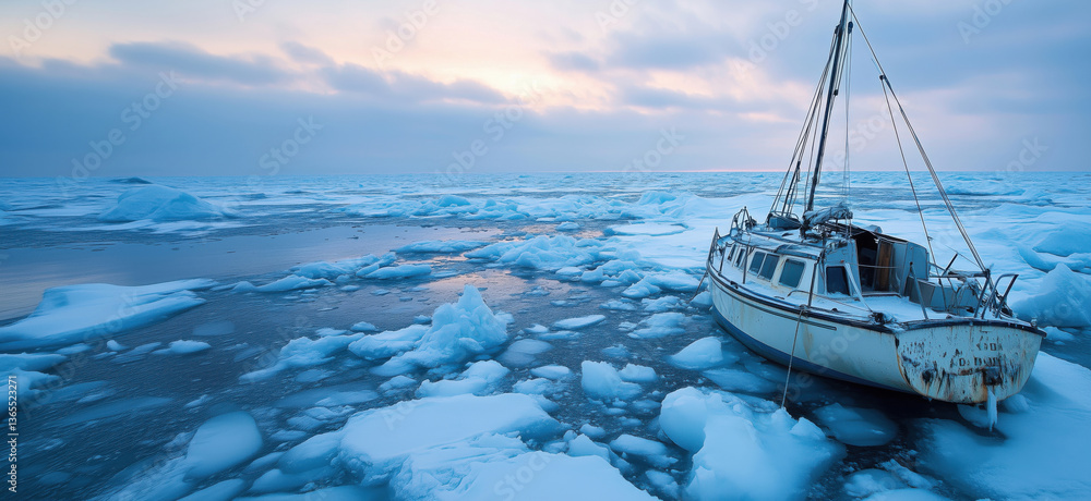 Fototapeta premium Abandoned boat on icy waters at dawn, surrounded by floating icebergs and a serene sky, evoking a sense of isolation and tranquility.
