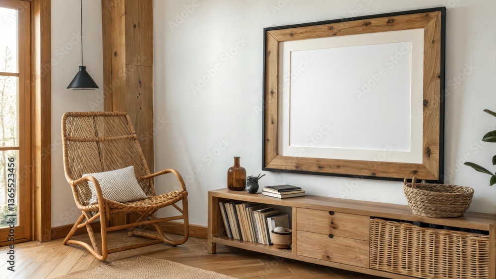 Fototapeta premium Cozy minimalist living room interior with natural wood elements, wicker chair, bookshelves, and blank frame for artwork or mockup.