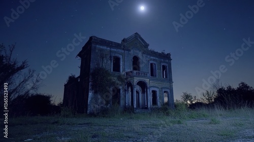 Abandoned mansion at night under a full moon.