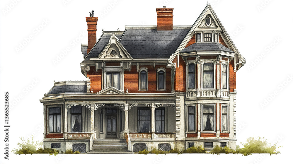 Fototapeta premium Victorian style house with ornate details and red brick exterior