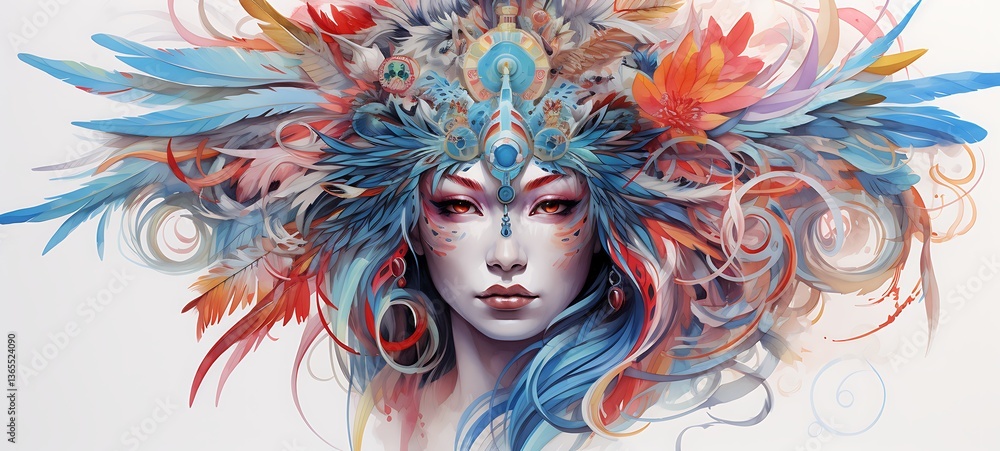 White background with drawings of colorful Tengu lady for children beauty, ai generative White background with drawings of colorful Tengu lady for children beauty, ai generative