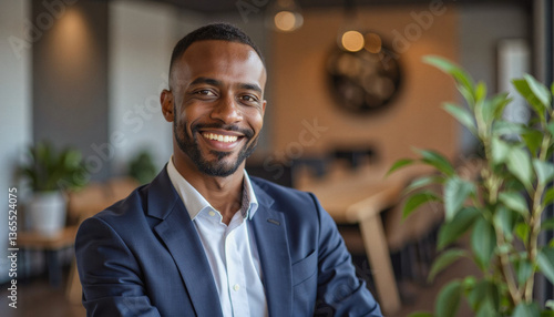 Wallpaper Mural A portrait headshot photo of a friendly professional CEO executive business worker: A smiling Black man in a suit and open-collared shirt confidently poses in a modern, plant-filled office space. Torontodigital.ca