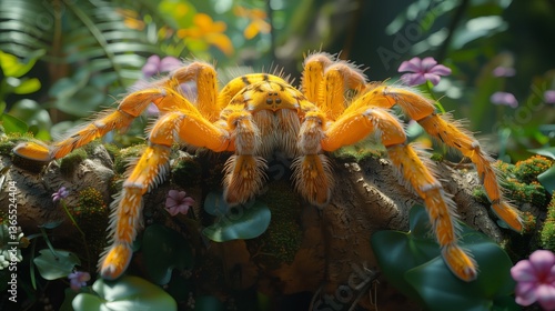 An electric blue spider is perched on a tree branch