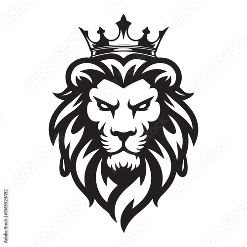 lion head with crown, king lion. crown on lion head logotype vector silhouette isolated on white background