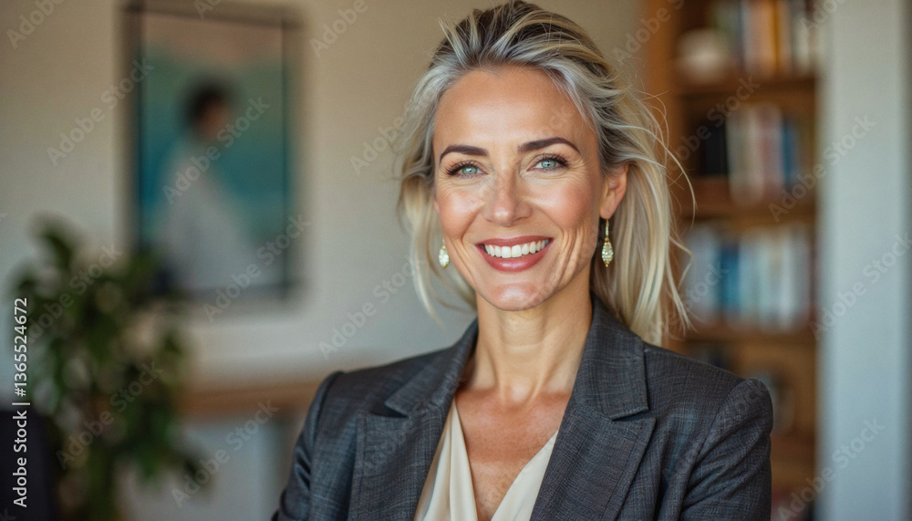 A portrait headshot photo of a friendly professional CEO executive business worker: A confident, mature woman with blonde hair smiles warmly while wearing a gray blazer and cream-colored top in a A portrait headshot photo of a friendly professional CEO executive business worker: A confident, mature woman with blonde hair smiles warmly while wearing a gray blazer and cream-colored top in a