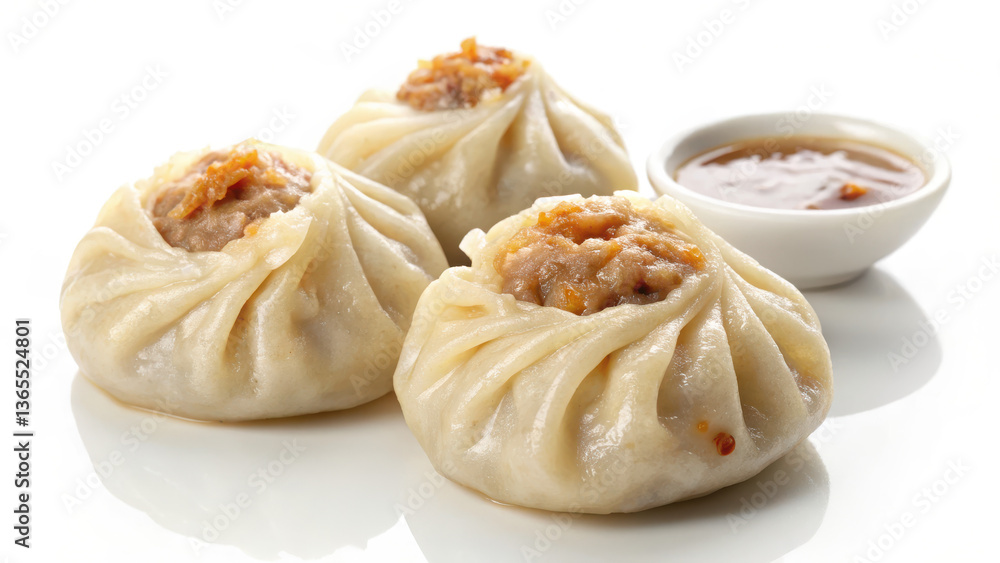 A clean white plate holds five steamed dumplings, each with a delicate, pleated top and glossy surface. The dumplings are arranged neatly, resting on parchment paper. A clean white plate holds five steamed dumplings, each with a delicate, pleated top and glossy surface. The dumplings are arranged neatly, resting on parchment paper.