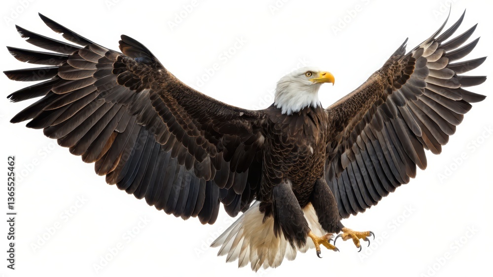 Obraz premium Majestic bald eagle soaring with wings fully extended, isolated on white background, showcasing powerful feathers and sharp talons.