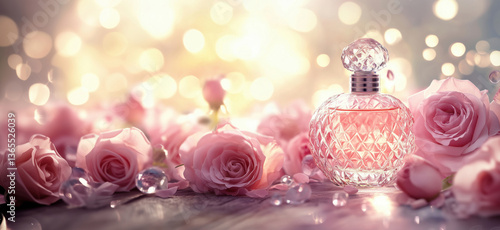 Perfume bottle surrounded by roses, soft bokeh background, elegant and romantic atmosphere, copy space for text