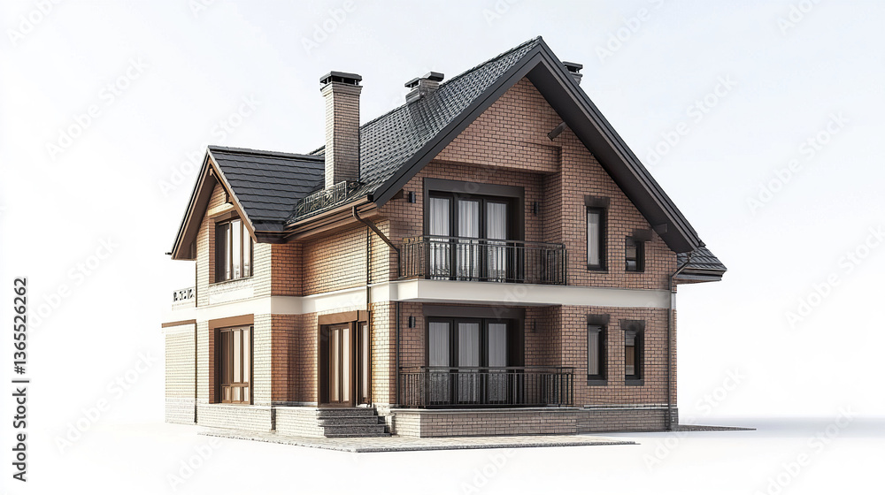 Brick house with gabled roof and balconies on white background Brick house with gabled roof and balconies on white background