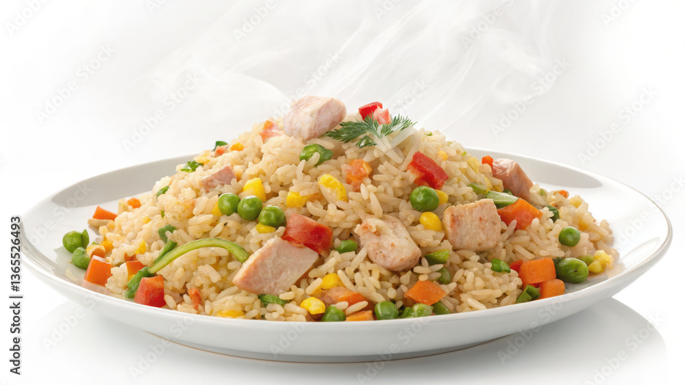 A heaping plate of fried rice topped with steaming chicken pieces, vibrant green peas, corn, diced carrots, and red bell pepper. Fresh cilantro garnish adds a pop of color to the dish. A heaping plate of fried rice topped with steaming chicken pieces, vibrant green peas, corn, diced carrots, and red bell pepper. Fresh cilantro garnish adds a pop of color to the dish.