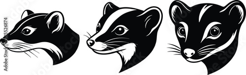 Weasel head silhouette icons, drawing weasel face silhouette illustration