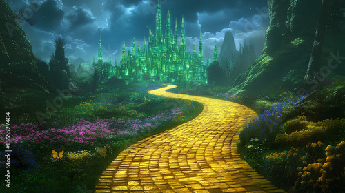 Fototapeta Naklejka Na Ścianę i Meble -  Enchanted yellow brick road leading to magical emerald city in springtime , Fantasy, Oz, Magicians 