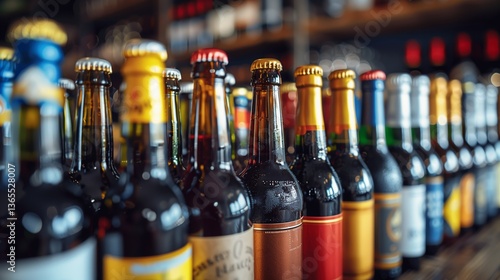 Row of glass bottles filled with yellow liquid, capped, ready for an event