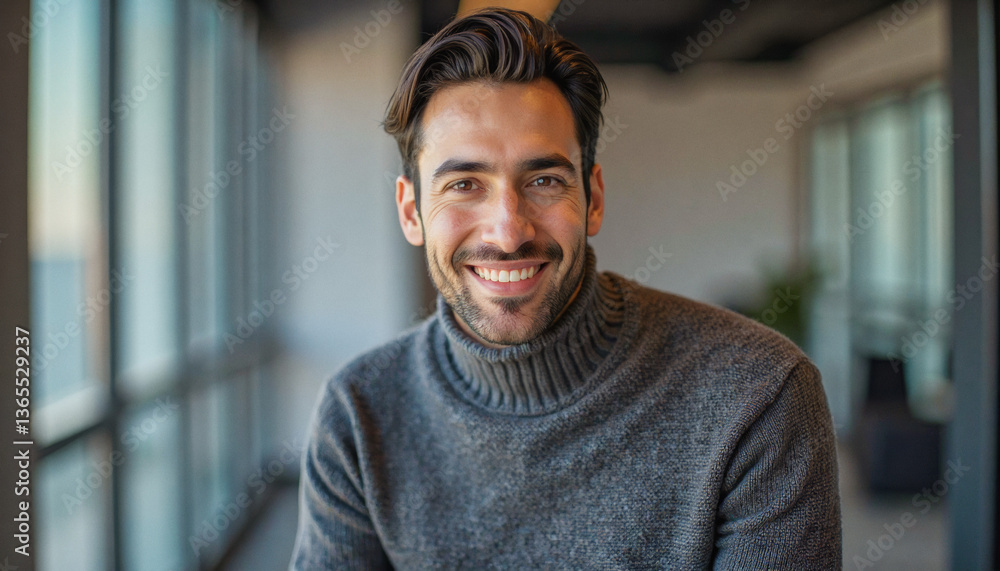 Obraz premium A portrait headshot photo of a friendly professional CEO executive business worker: A smiling man with a beard and wearing a gray turtleneck sweater looks directly at the camera in a modern, well