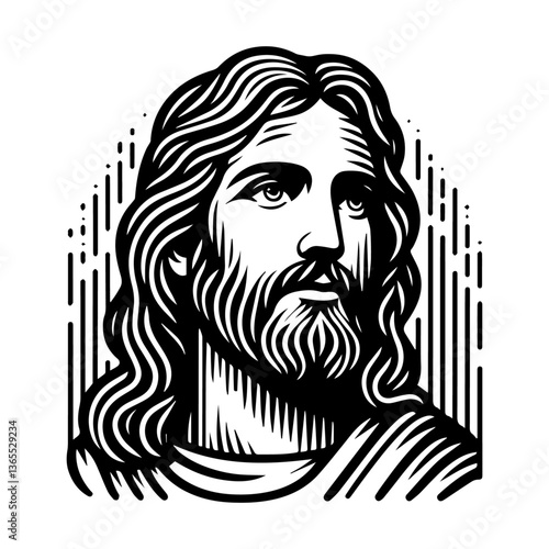 Detailed stipple portrait of Jesus Christ — monochrome vector illustration