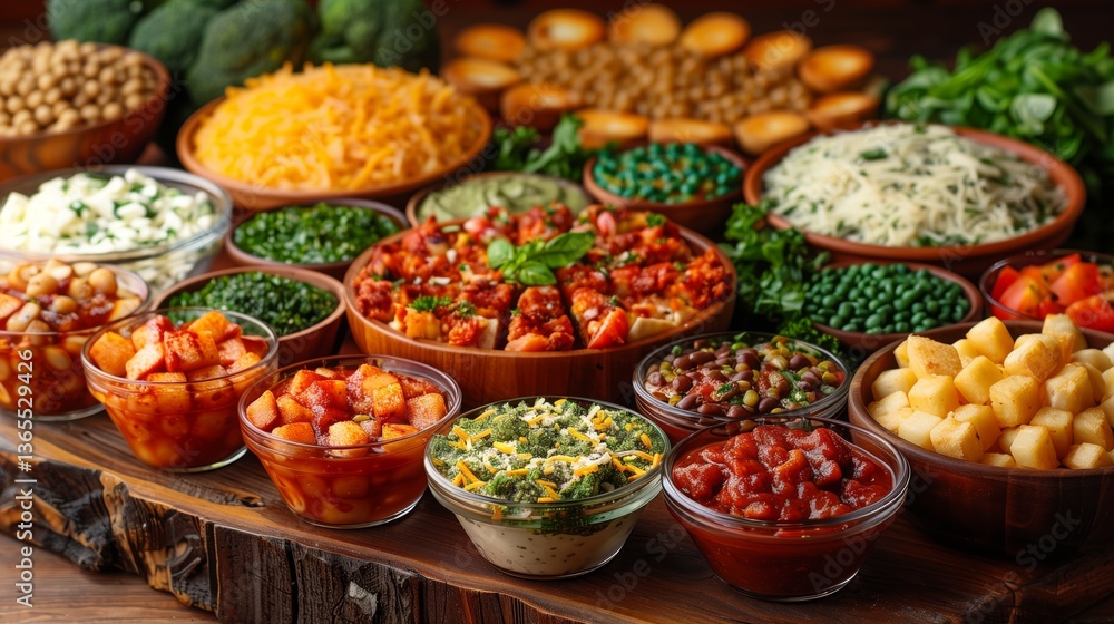 Wooden table with bowls of various whole foods, natural ingredients, and spices Wooden table with bowls of various whole foods, natural ingredients, and spices