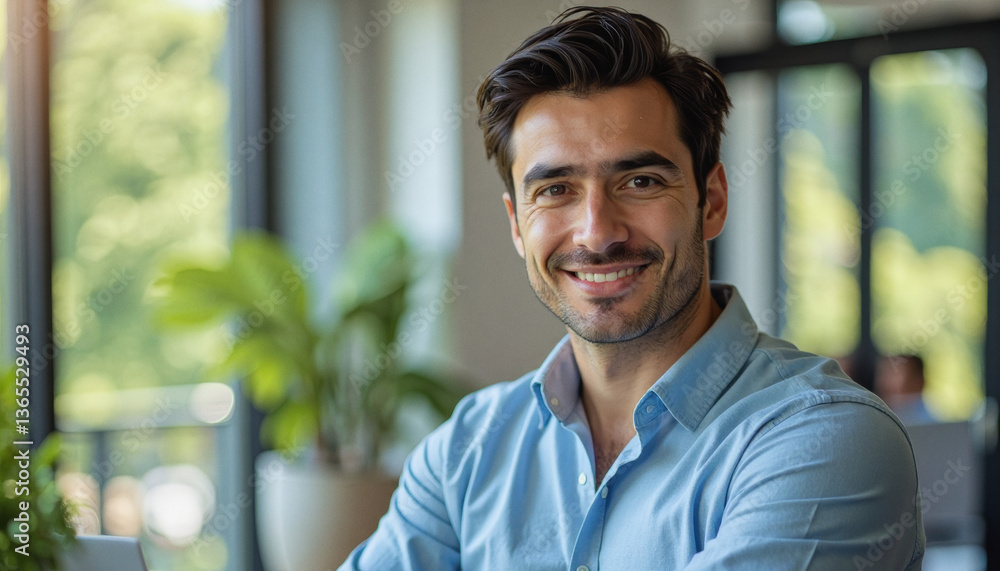 A portrait headshot photo of a friendly professional CEO executive business worker: A smiling man with dark hair and a light beard sits indoors, looking directly at the camera with a welcoming ex A portrait headshot photo of a friendly professional CEO executive business worker: A smiling man with dark hair and a light beard sits indoors, looking directly at the camera with a welcoming ex