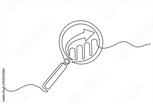 Continuous line magnifying glass and bar graph business.looking icon,fast growing business.vector one line drawing.  Editable stroke. Doodle outline vector illustration