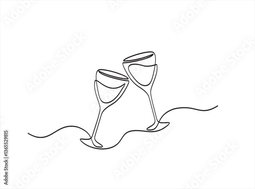 Continuous one line drawing of two glass of wine. Alcohol and cocktail drink. Doodle vector illustration