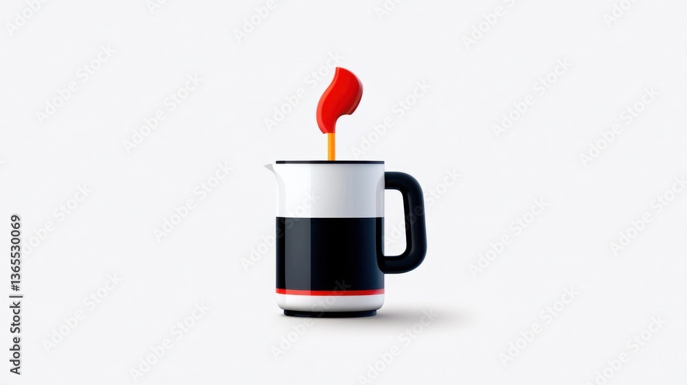 Obraz premium Stylized Coffee Pot with Red Flame Against a Minimalistic Background Evoking Warmth and Creativity