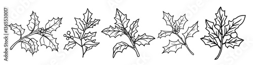 Holly leaves and berries decorative border set – monochrome vector line art