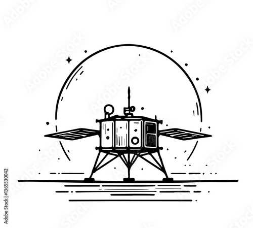 black and white vector of lunar lander with stars and moon backdrop in vintage line art style