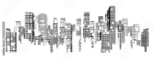 black and white abstract vector of city skyline composed of geometric structures and high-rises