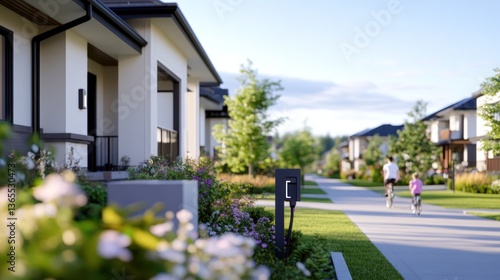 Family biking in modern suburban neighborhood