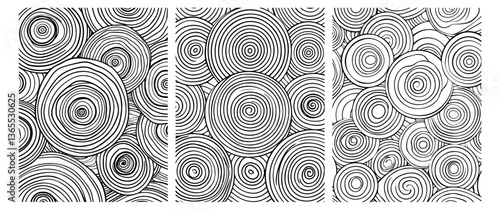 collection of abstract concentric circles, hand drawn black and white vector backgrounds