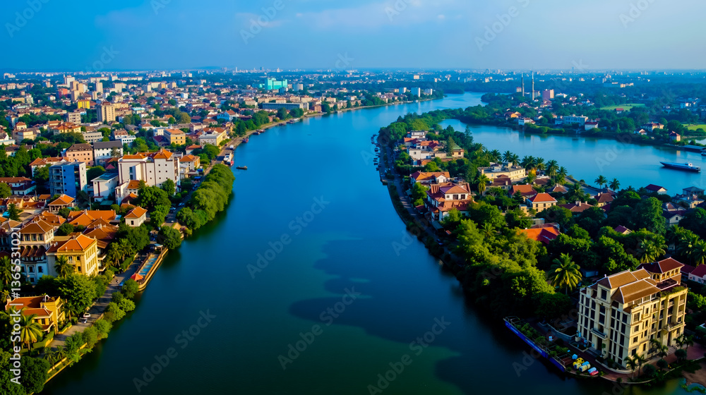 Fototapeta premium A view of a river running through a city next to tall buildings