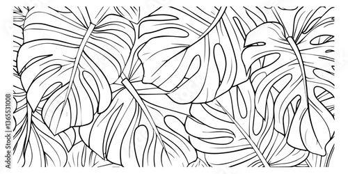 black and white vector seamless pattern of monstera leaves in hand-drawn tropical outline style